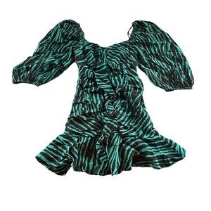 Zara zebra print puffy balloon sleeve ruffle mini dress green